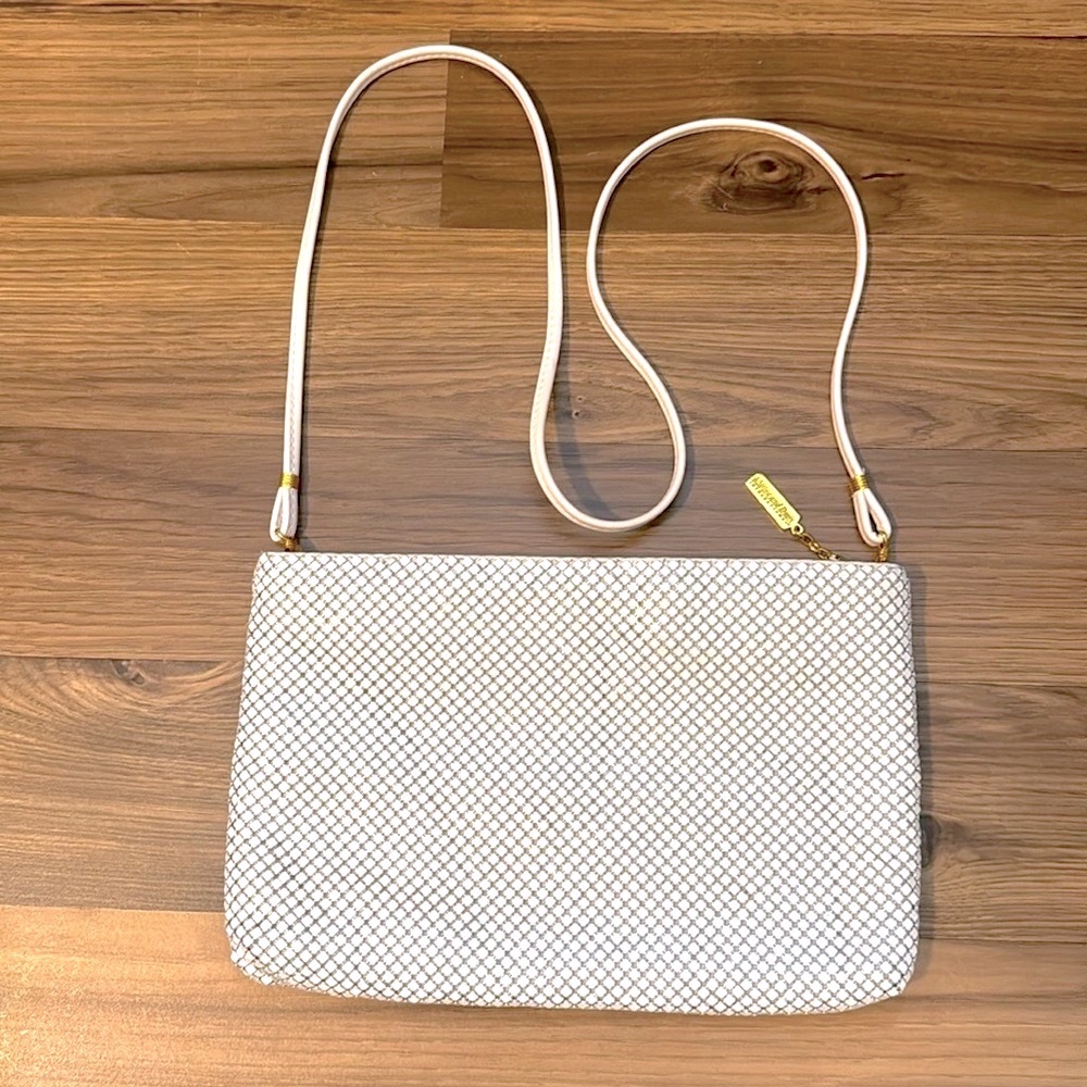 Whiting & Davis Vintage Large Metal Mesh White Zip Top Shoulder Crossbody Purse